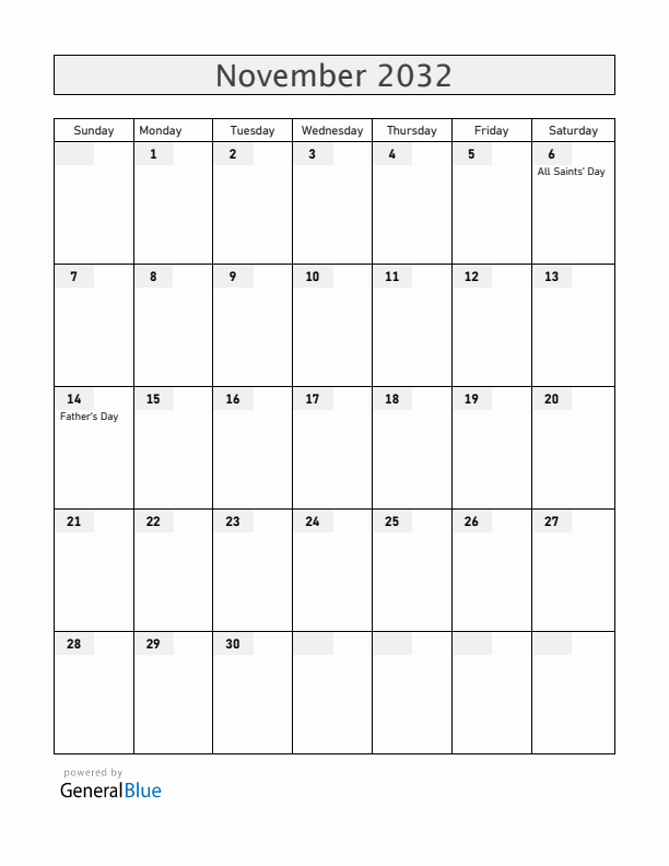 Finland November 2032 Calendar with Holidays