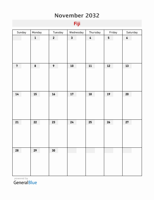 Fiji November 2032 Calendar with Holidays