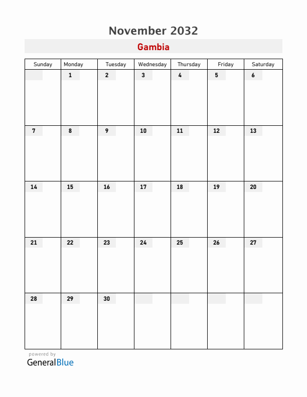 Gambia November 2032 Calendar with Holidays