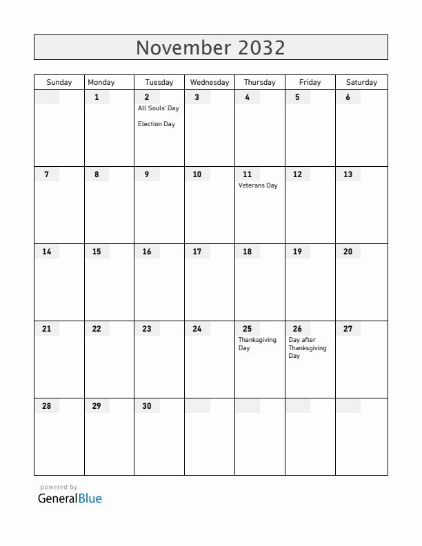 Guam November 2032 Calendar with Holidays