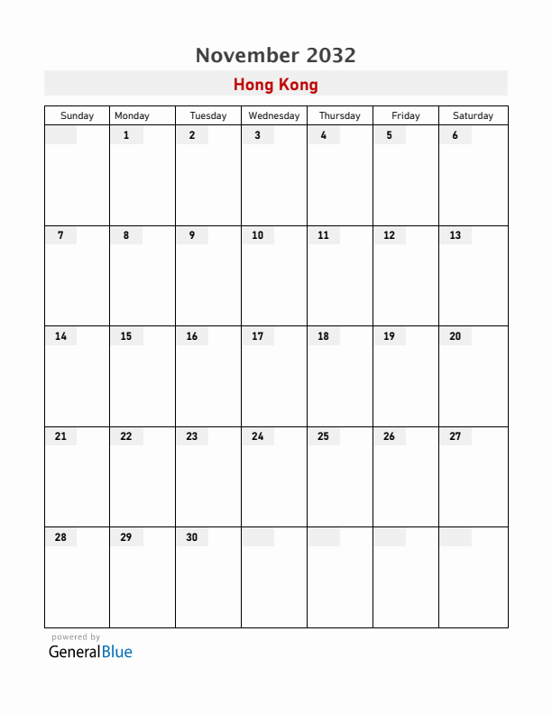 Hong Kong November 2032 Calendar with Holidays