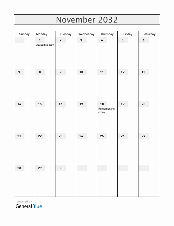 Croatia November 2032 Calendar with Holidays