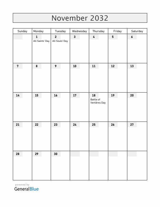 Haiti November 2032 Calendar with Holidays