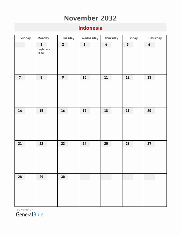 Indonesia November 2032 Calendar with Holidays