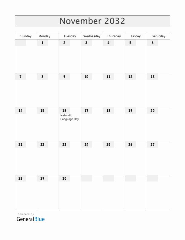 Iceland November 2032 Calendar with Holidays