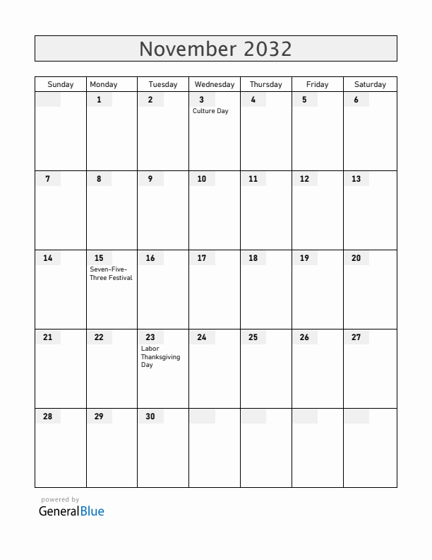 Japan November 2032 Calendar with Holidays