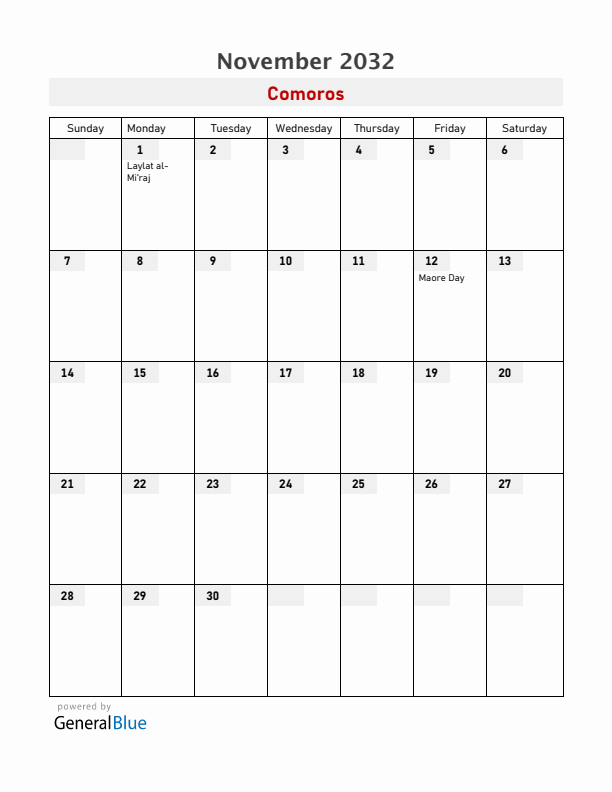 Comoros November 2032 Calendar with Holidays