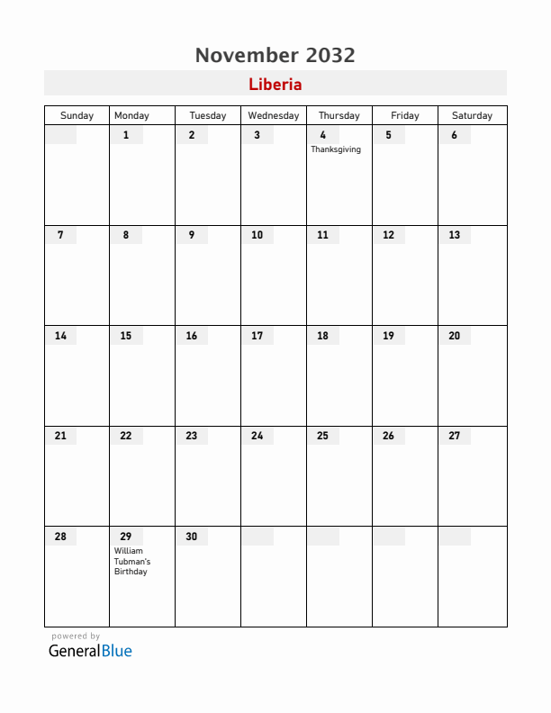 Liberia November 2032 Calendar with Holidays