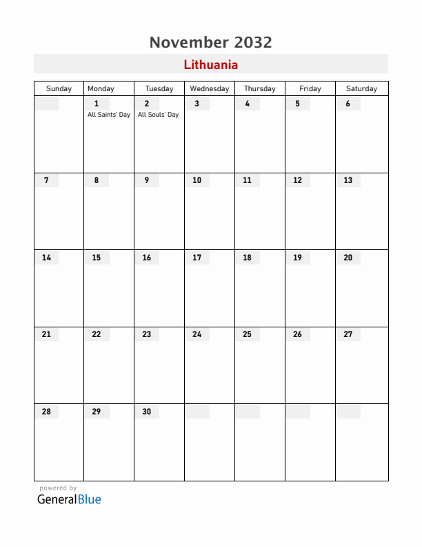 Lithuania November 2032 Calendar with Holidays