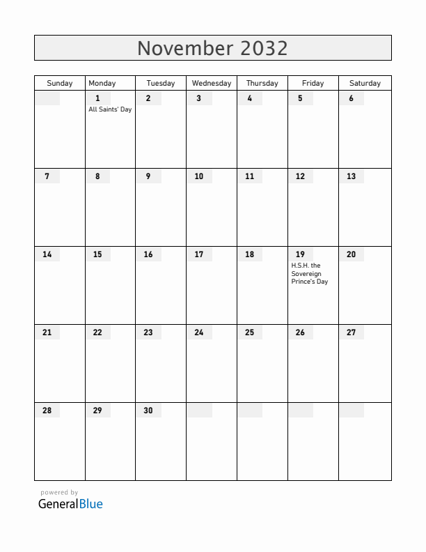 Monaco November 2032 Calendar with Holidays