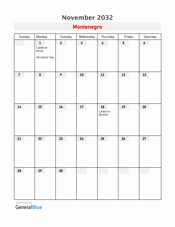 Montenegro November 2032 Calendar with Holidays