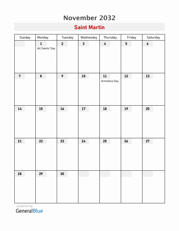 Saint Martin November 2032 Calendar with Holidays