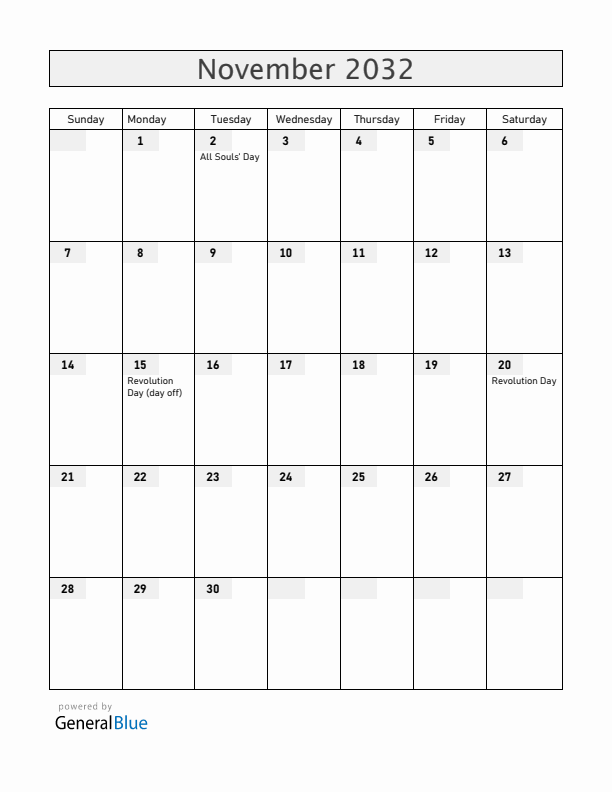 Mexico November 2032 Calendar with Holidays