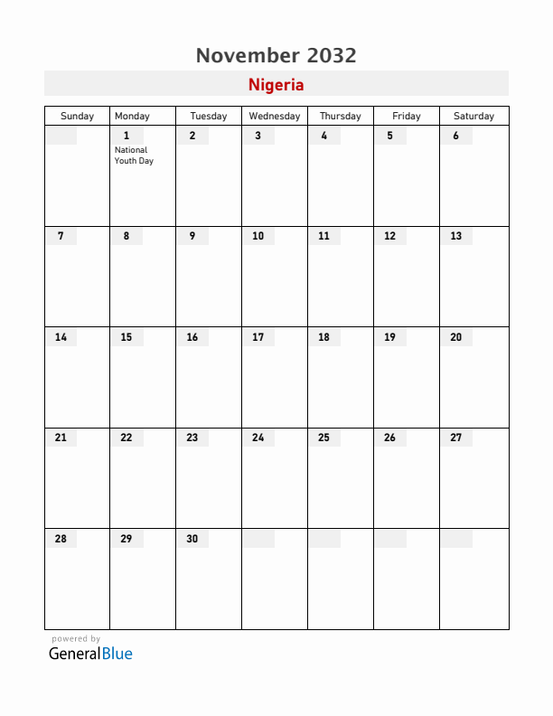 Nigeria November 2032 Calendar with Holidays