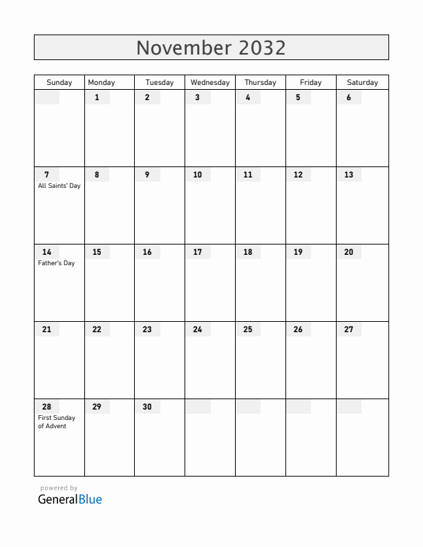 Norway November 2032 Calendar with Holidays