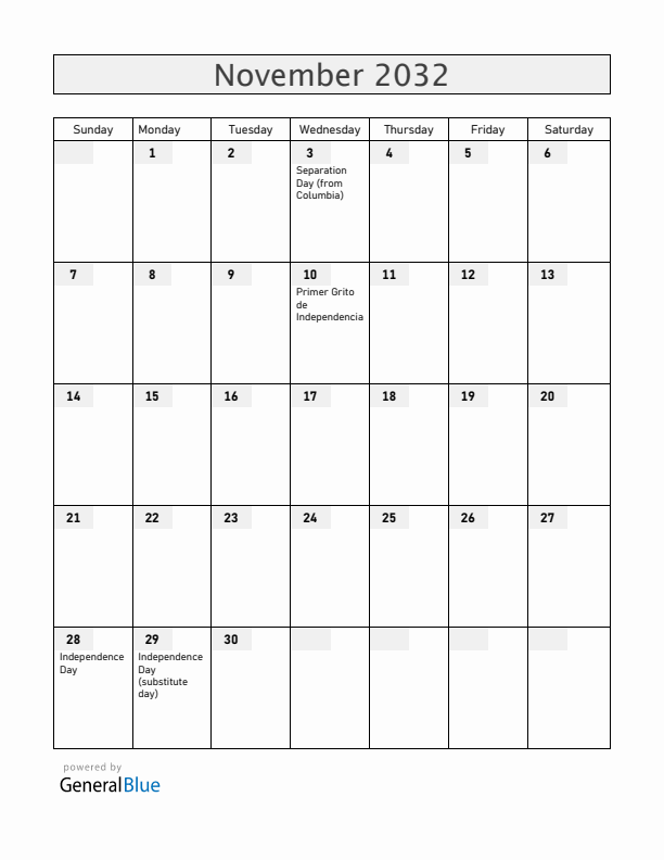 Panama November 2032 Calendar with Holidays