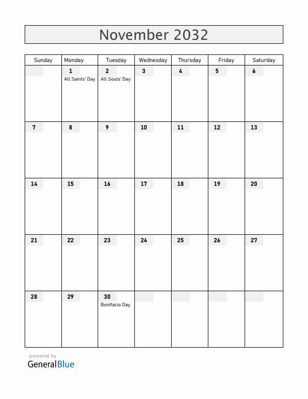 Philippines November 2032 Calendar with Holidays
