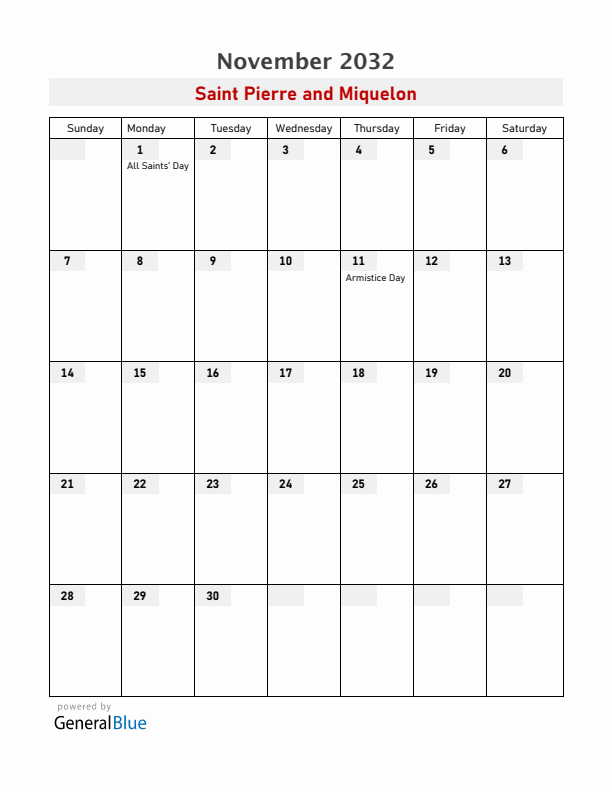Saint Pierre and Miquelon November 2032 Calendar with Holidays