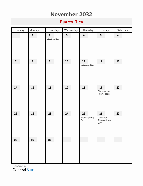 Puerto Rico November 2032 Calendar with Holidays