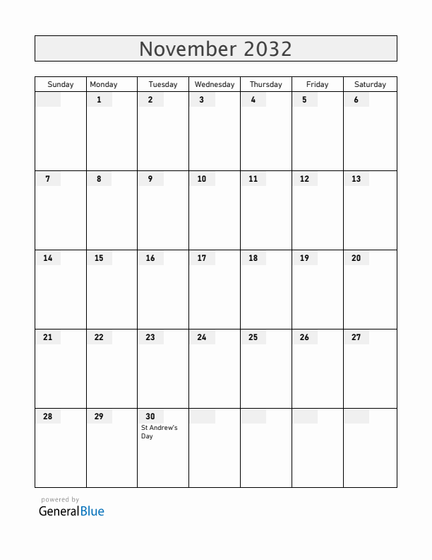 Romania November 2032 Calendar with Holidays