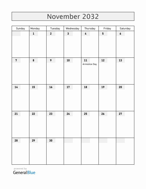 Serbia November 2032 Calendar with Holidays