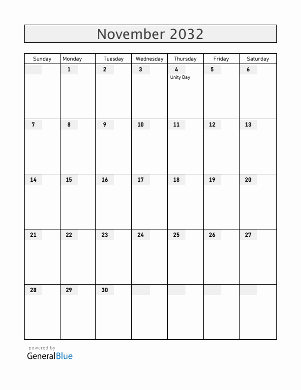 Russia November 2032 Calendar with Holidays