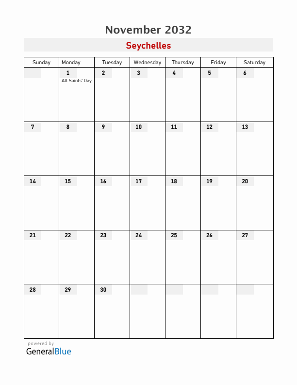 Seychelles November 2032 Calendar with Holidays