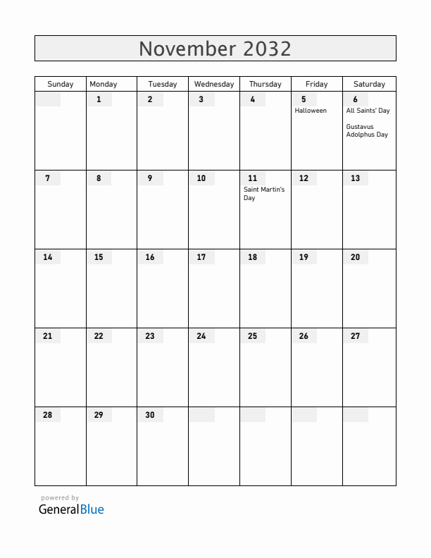 Sweden November 2032 Calendar with Holidays