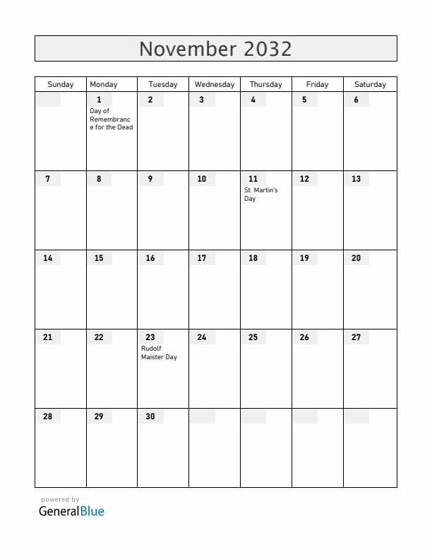 Slovenia November 2032 Calendar with Holidays