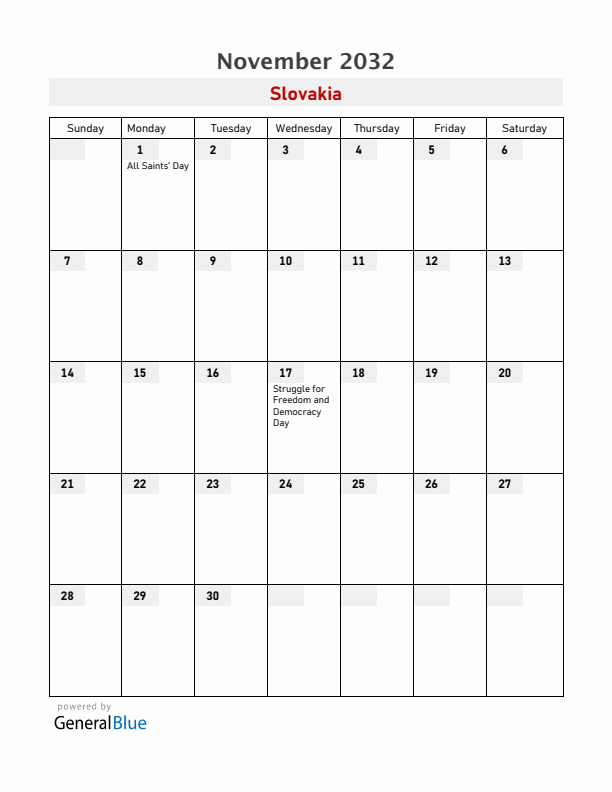 Slovakia November 2032 Calendar with Holidays