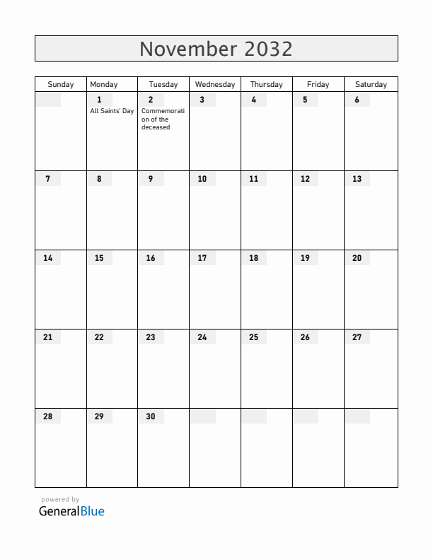 San Marino November 2032 Calendar with Holidays