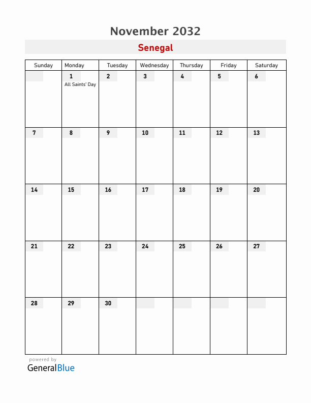 Senegal November 2032 Calendar with Holidays