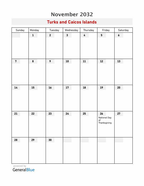 Turks and Caicos Islands November 2032 Calendar with Holidays