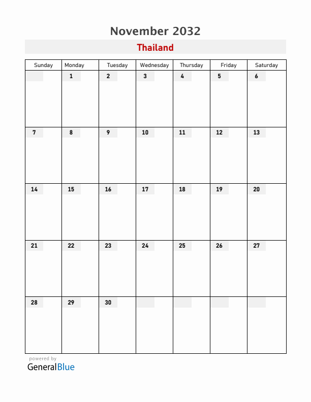 Thailand November 2032 Calendar with Holidays