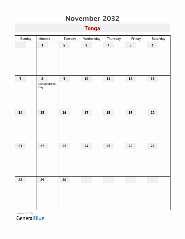 Tonga November 2032 Calendar with Holidays