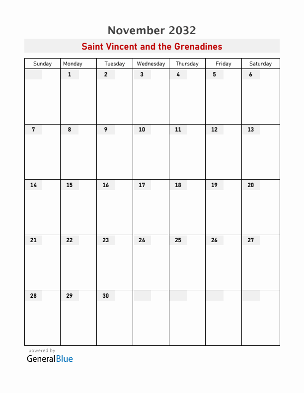 Saint Vincent and the Grenadines November 2032 Calendar with Holidays