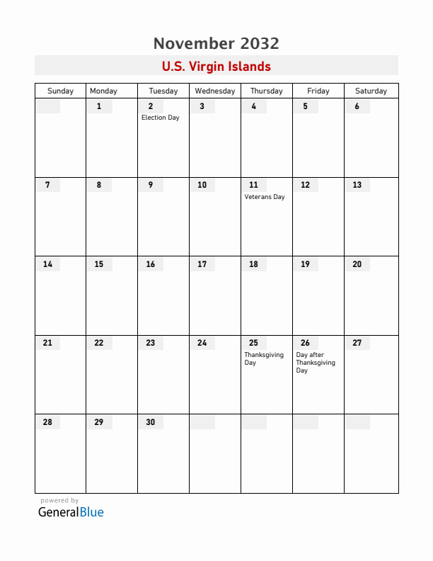 U.S. Virgin Islands November 2032 Calendar with Holidays
