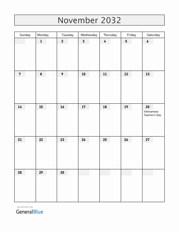 Vietnam November 2032 Calendar with Holidays