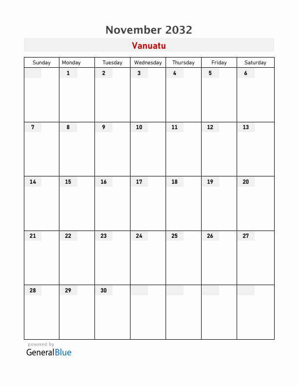 Vanuatu November 2032 Calendar with Holidays