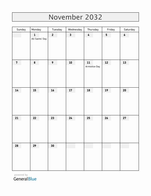 Mayotte November 2032 Calendar with Holidays
