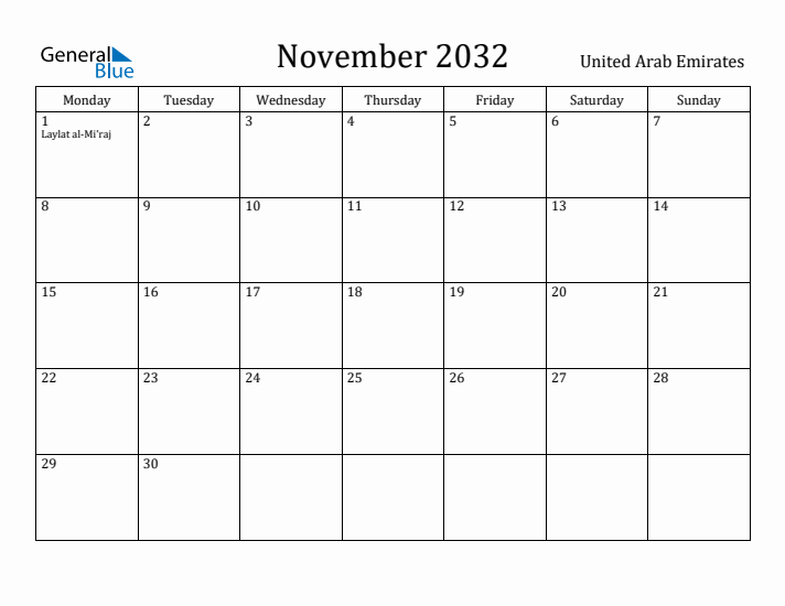November 2032 Calendar United Arab Emirates