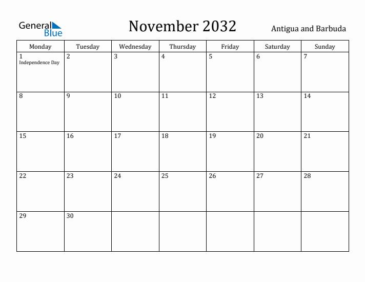 November 2032 Calendar Antigua and Barbuda
