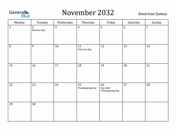 November 2032 Calendar American Samoa