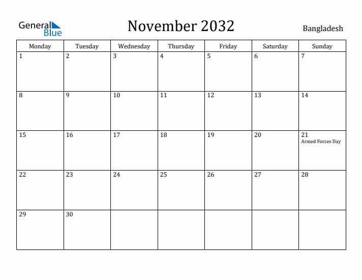 November 2032 Calendar Bangladesh