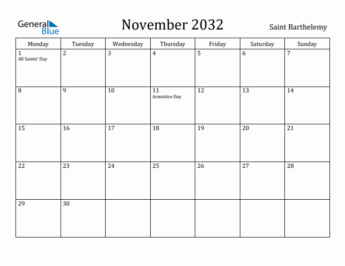 November 2032 Calendar Saint Barthelemy