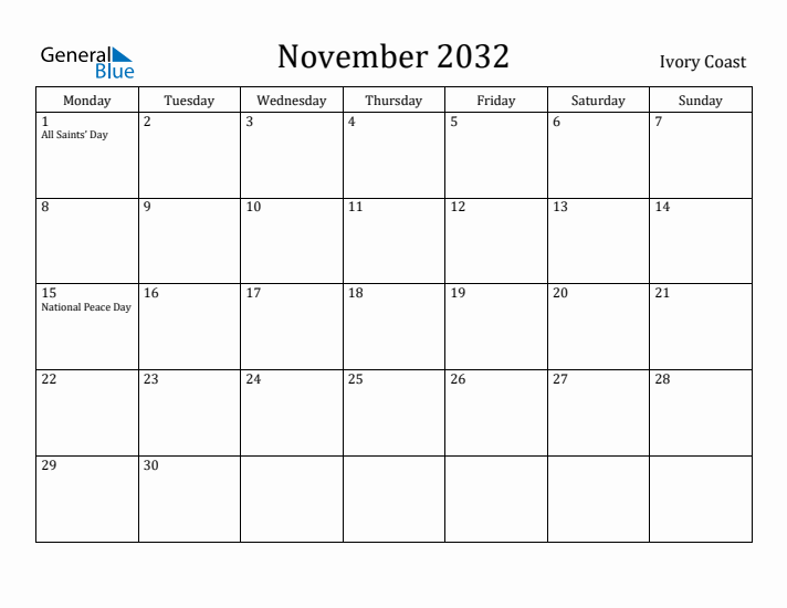 November 2032 Calendar Ivory Coast