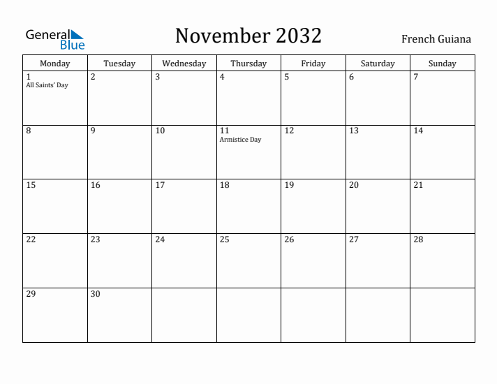 November 2032 Calendar French Guiana