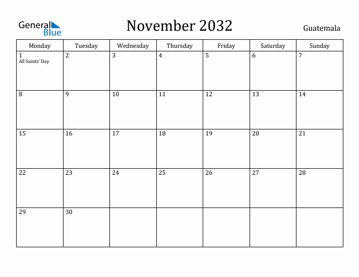 November 2032 Calendar Guatemala