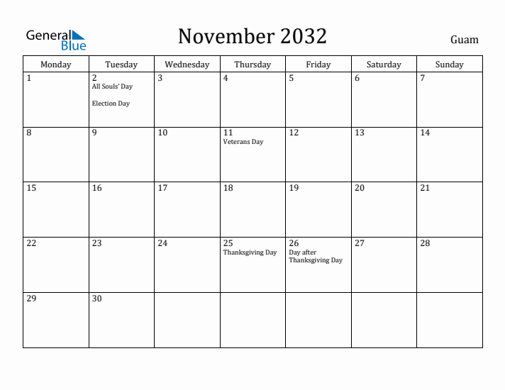 November 2032 Calendar Guam