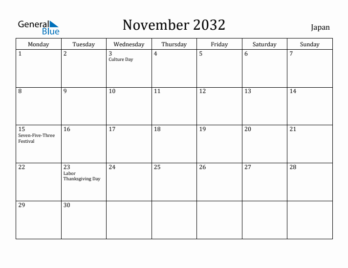 November 2032 Calendar Japan